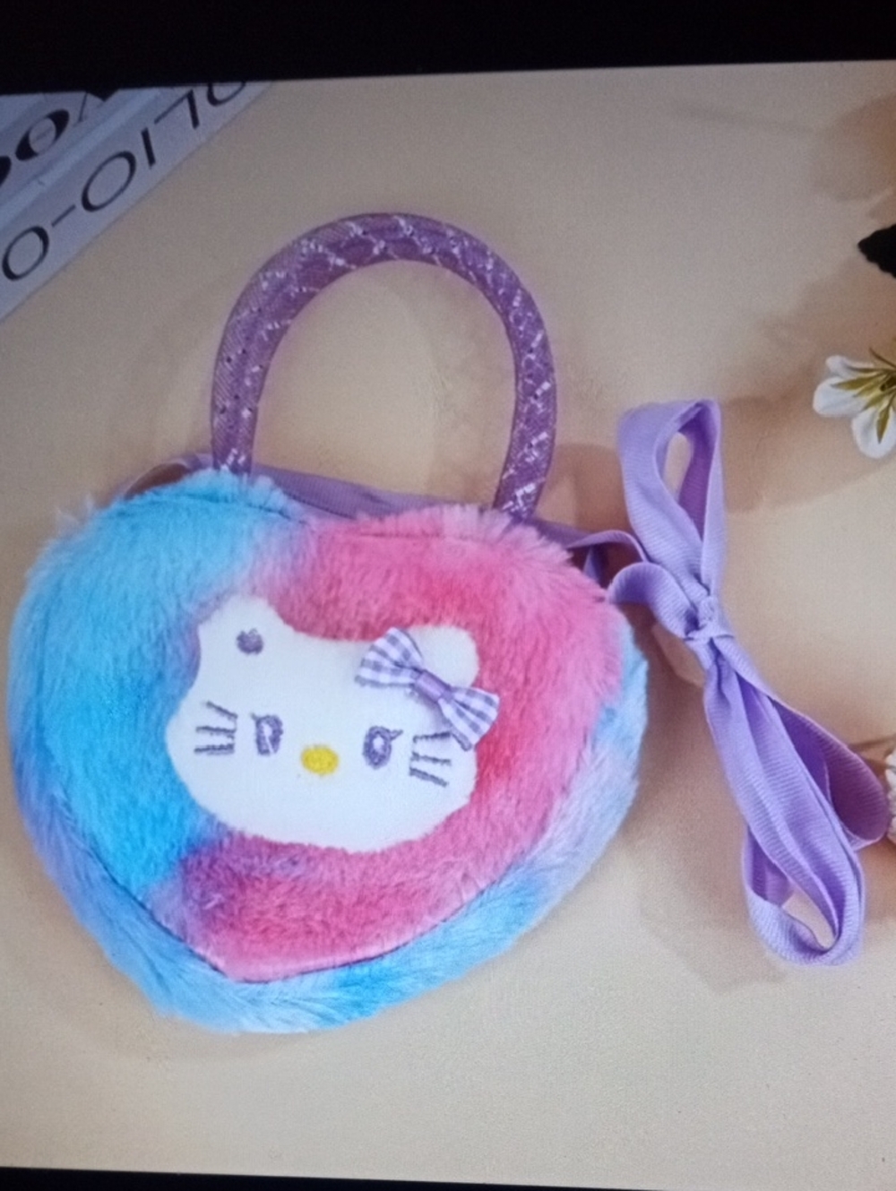 💲1▶▶Kids Plush Heart Crossbody Bag with HelloKitty Applique - Pink & Blue
